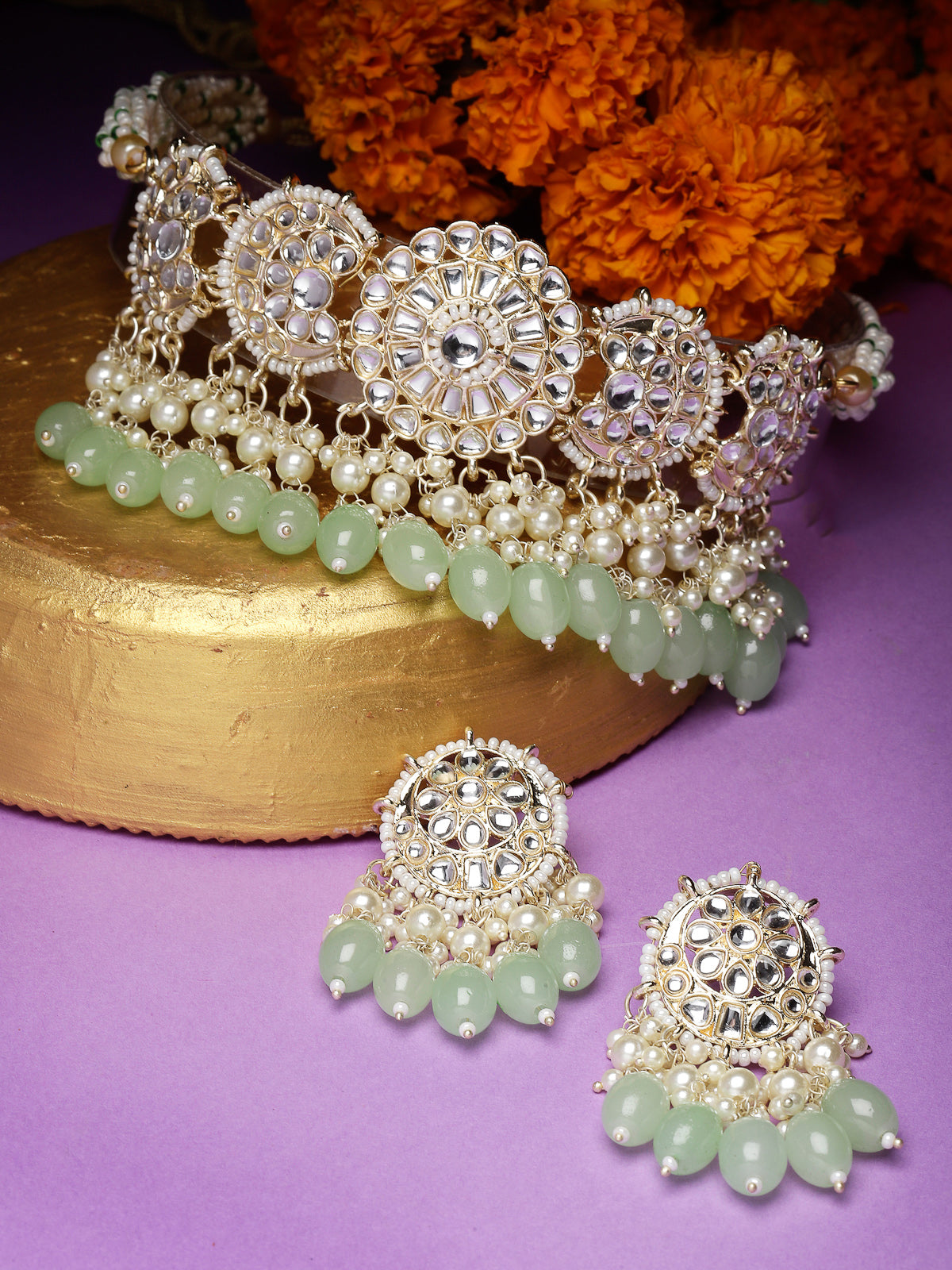 Studio Sukkhi Artisanal Gold Plated Mint Green Kundan & Beads Choker Necklace Set For Women NS105813