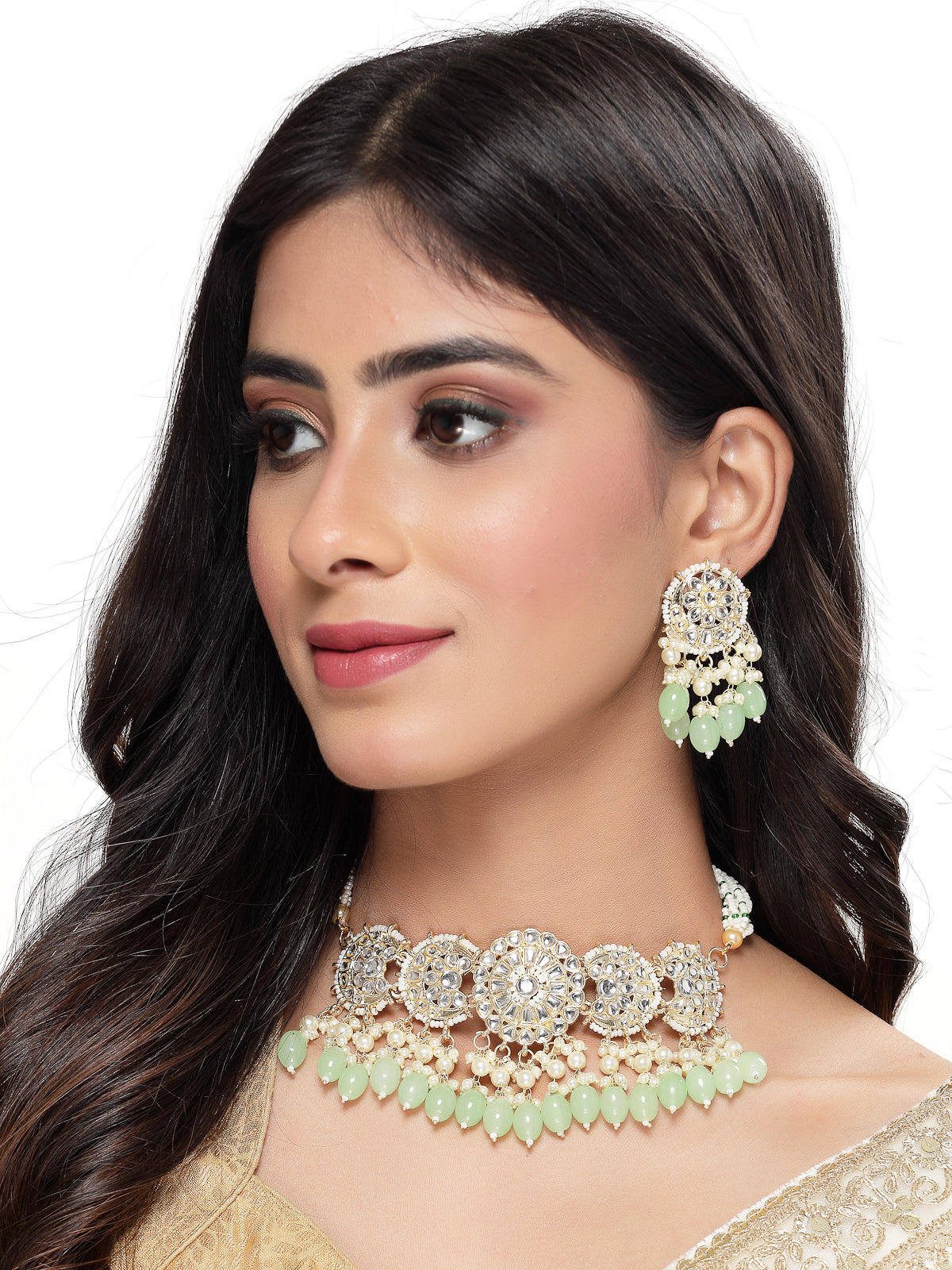 Studio Sukkhi Artisanal Gold Plated Mint Green Kundan & Beads Choker Necklace Set For Women NS105813