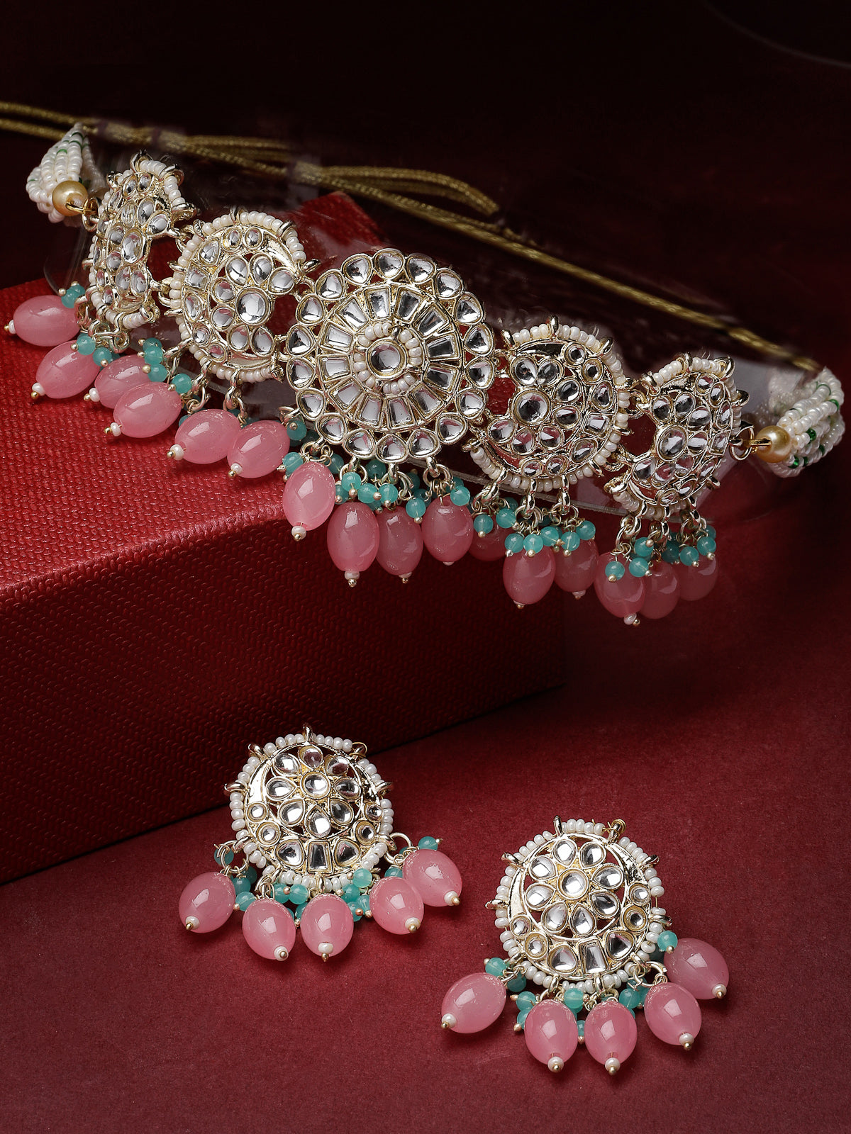 Studio Sukkhi All-Season Gold Plated Pink Kundan & Beads Choker Necklace Set For Women NS105814