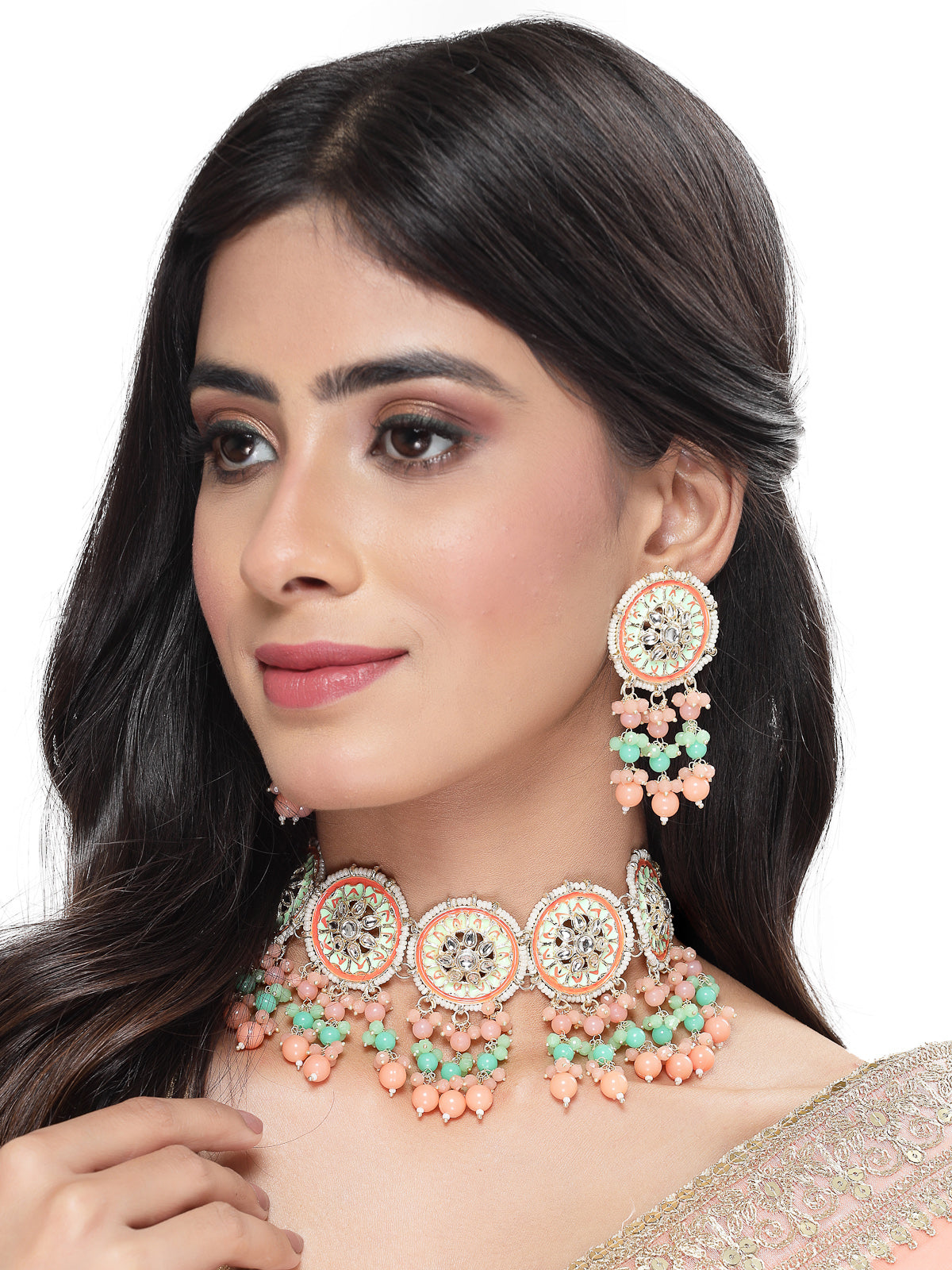 Studio Sukkhi Alluring Gold Plated Mint Green & Pink Kundan & Beads Choker Necklace Set For Women NS105815