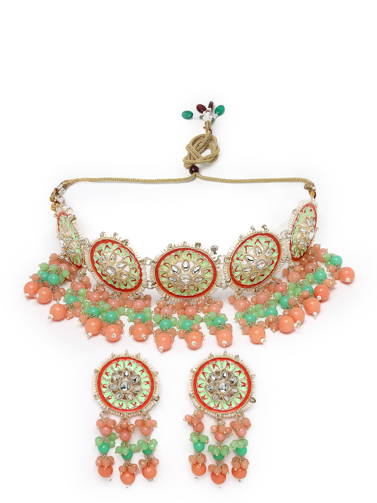 Studio Sukkhi Alluring Gold Plated Mint Green & Pink Kundan & Beads Choker Necklace Set For Women NS105815
