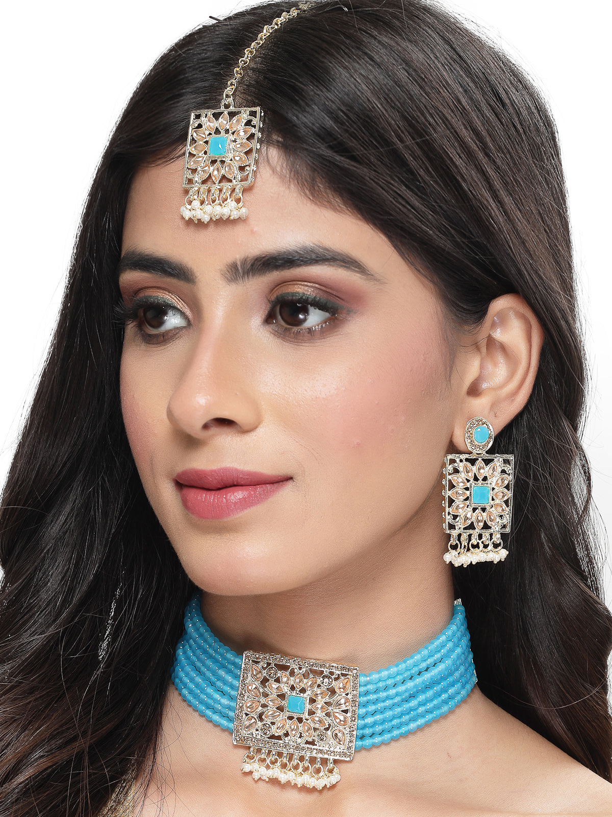 Studio Sukkhi Lovely Gold Plated Aqua Blue Kundan & Beads Choker Necklace Set For Women NS105816