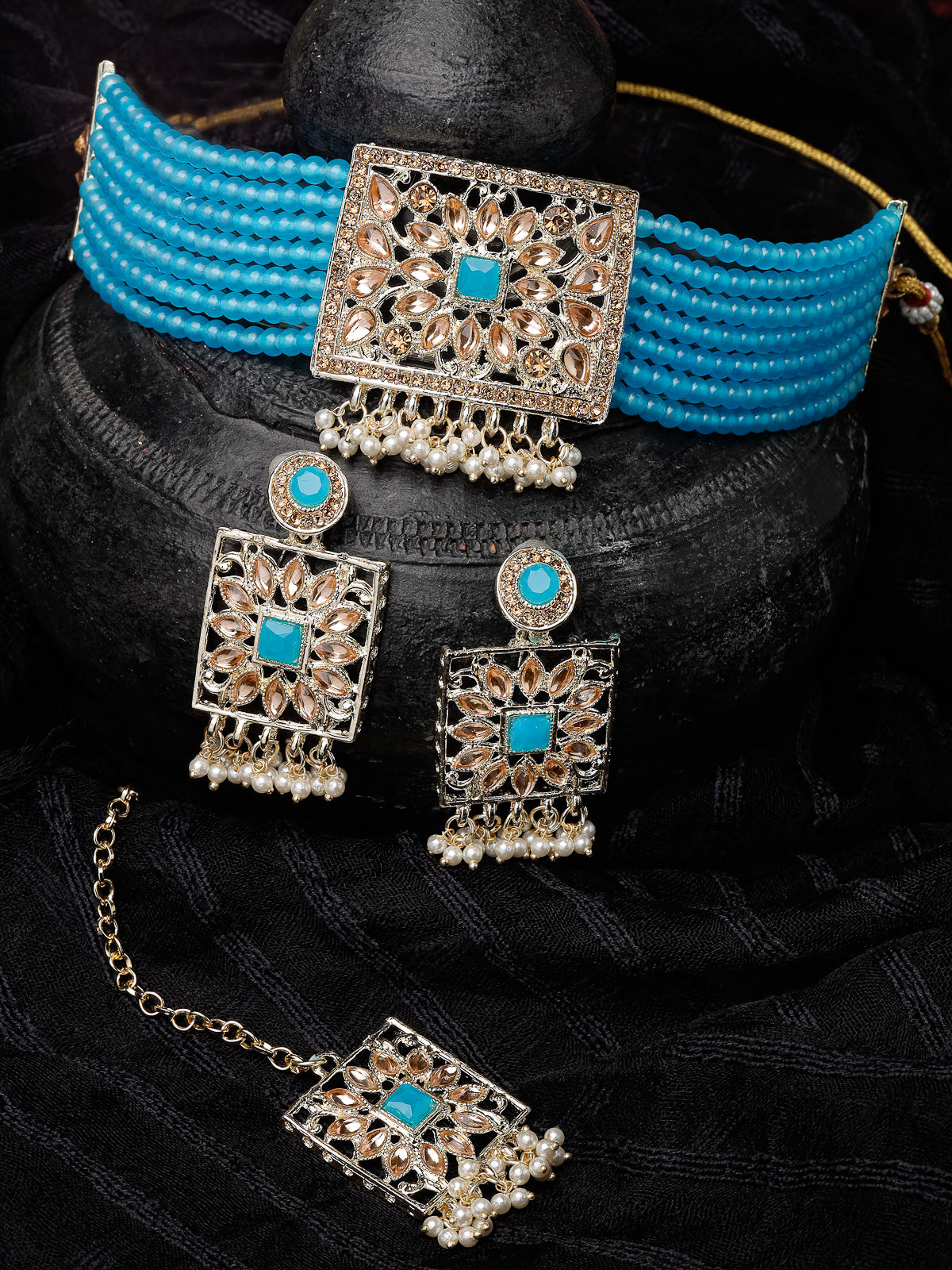 Studio Sukkhi Lovely Gold Plated Aqua Blue Kundan & Beads Choker Necklace Set For Women NS105816