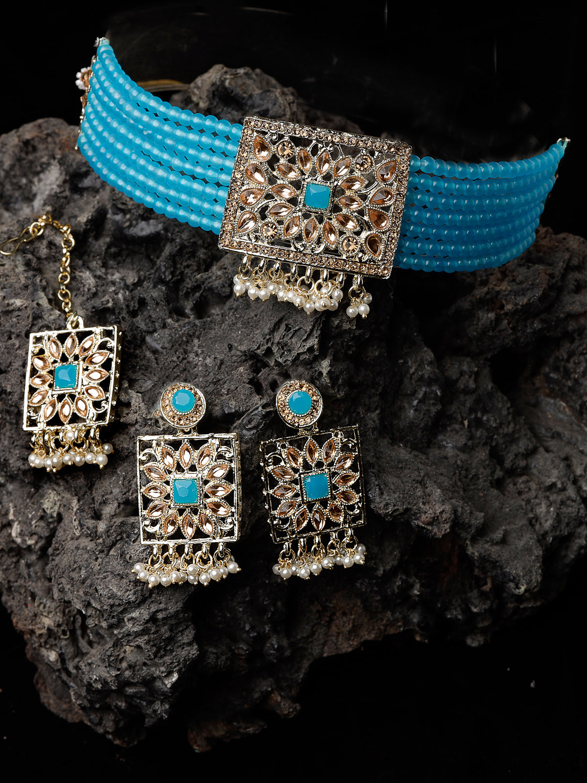 Studio Sukkhi Lovely Gold Plated Aqua Blue Kundan & Beads Choker Necklace Set For Women NS105816