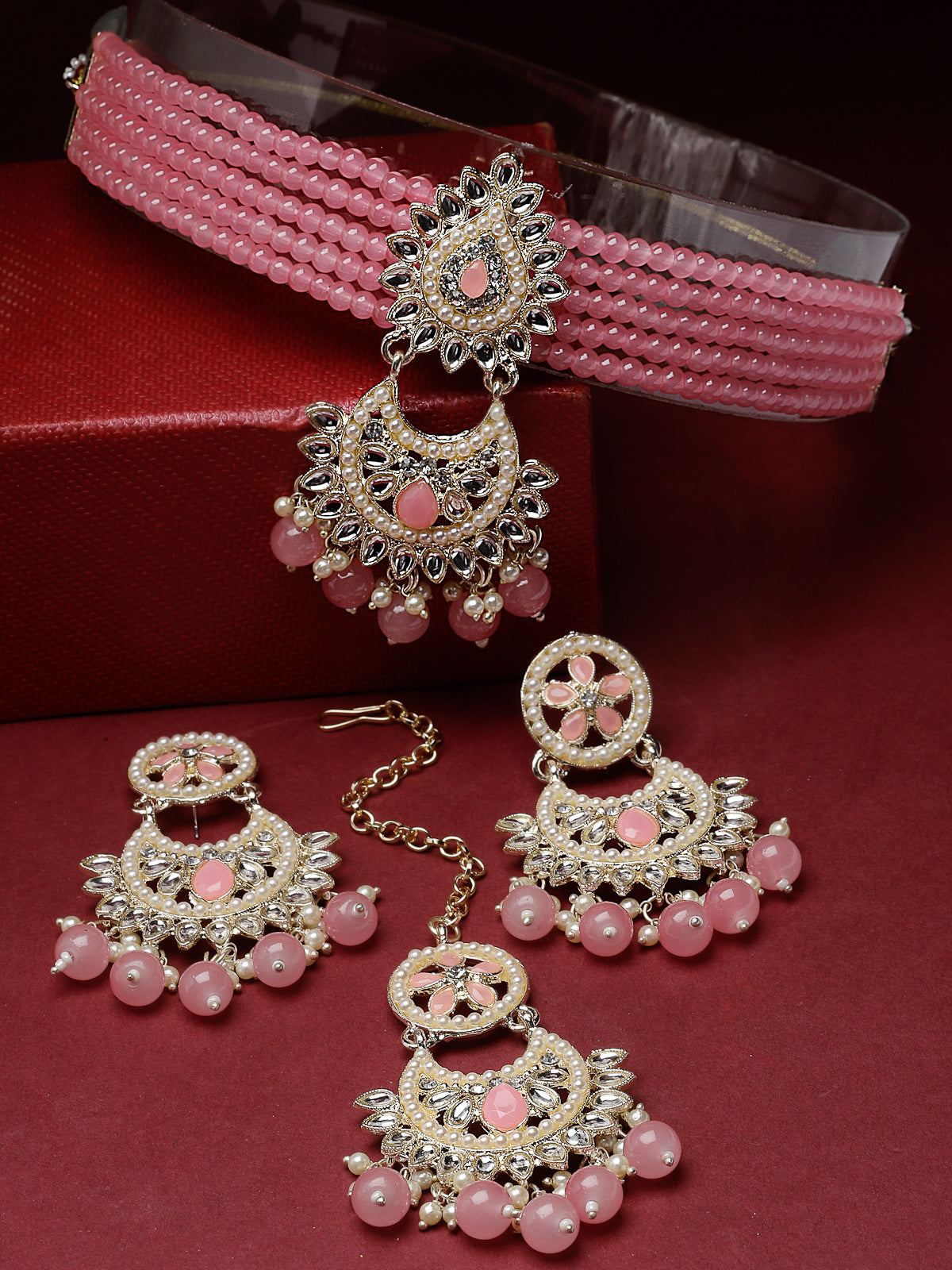 Studio Sukkhi Delightful Gold Plated Pink Kundan & Beads Choker Necklace Set For Women NS105817