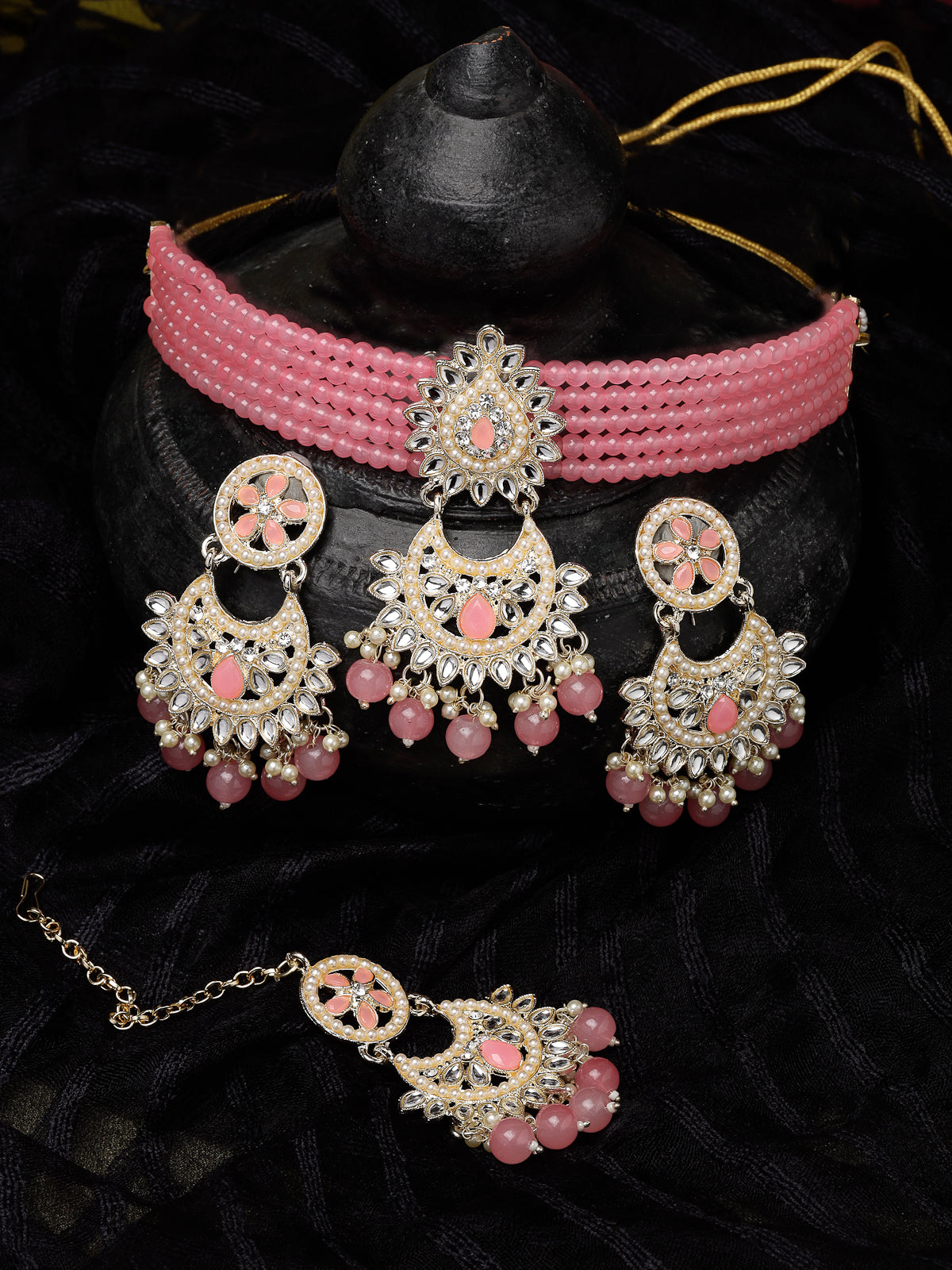 Studio Sukkhi Delightful Gold Plated Pink Kundan & Beads Choker Necklace Set For Women NS105817