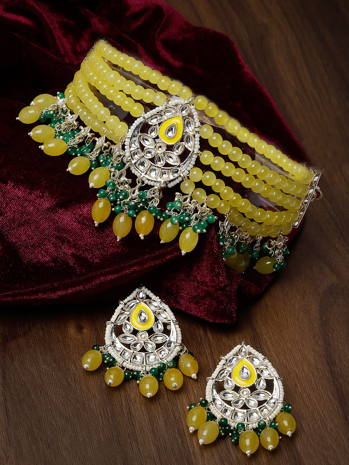 Studio Sukkhi Alluring Gold Plated Yellow & Green Kundan & Beads Choker Necklace Set For Women NS105818