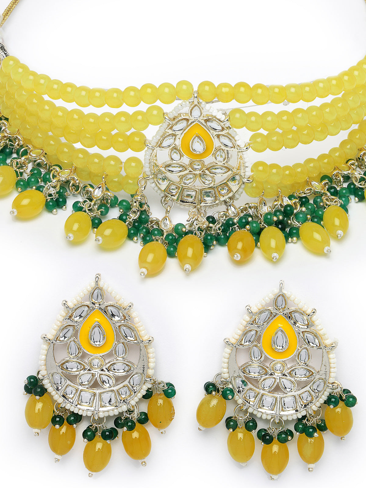 Studio Sukkhi Alluring Gold Plated Yellow & Green Kundan & Beads Choker Necklace Set For Women NS105818