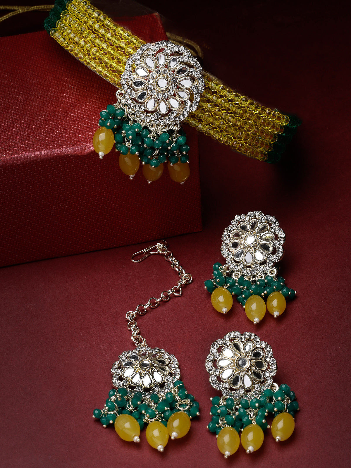 Studio Sukkhi Lively Gold Plated Yellow & Green Kundan & Beads Choker Necklace Set For Women NS105819