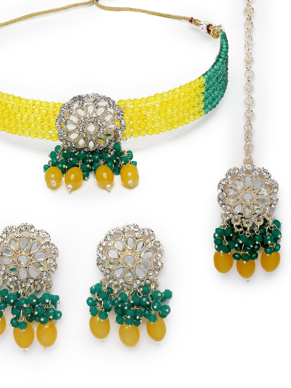 Studio Sukkhi Lively Gold Plated Yellow & Green Kundan & Beads Choker Necklace Set For Women NS105819