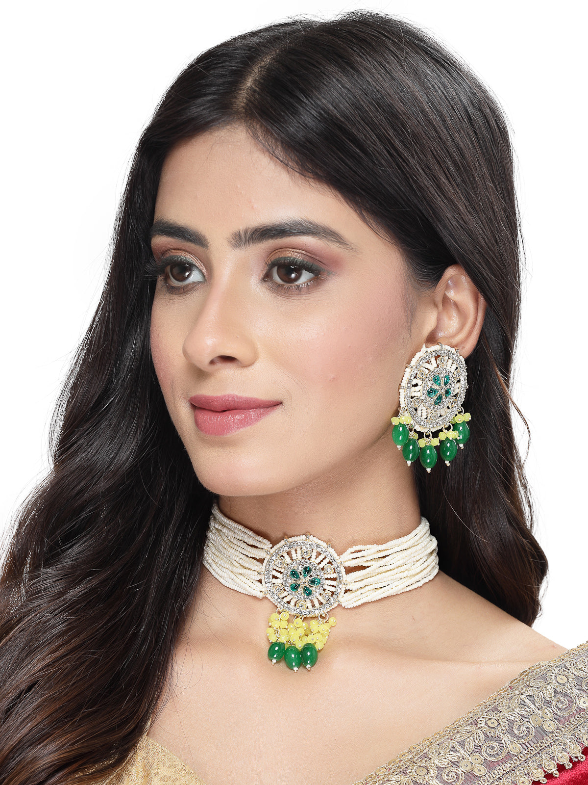 Studio Sukkhi Stunning Gold Plated Yellow & Green Kundan & Beads Multistrand Choker Necklace Set For Women NS105820