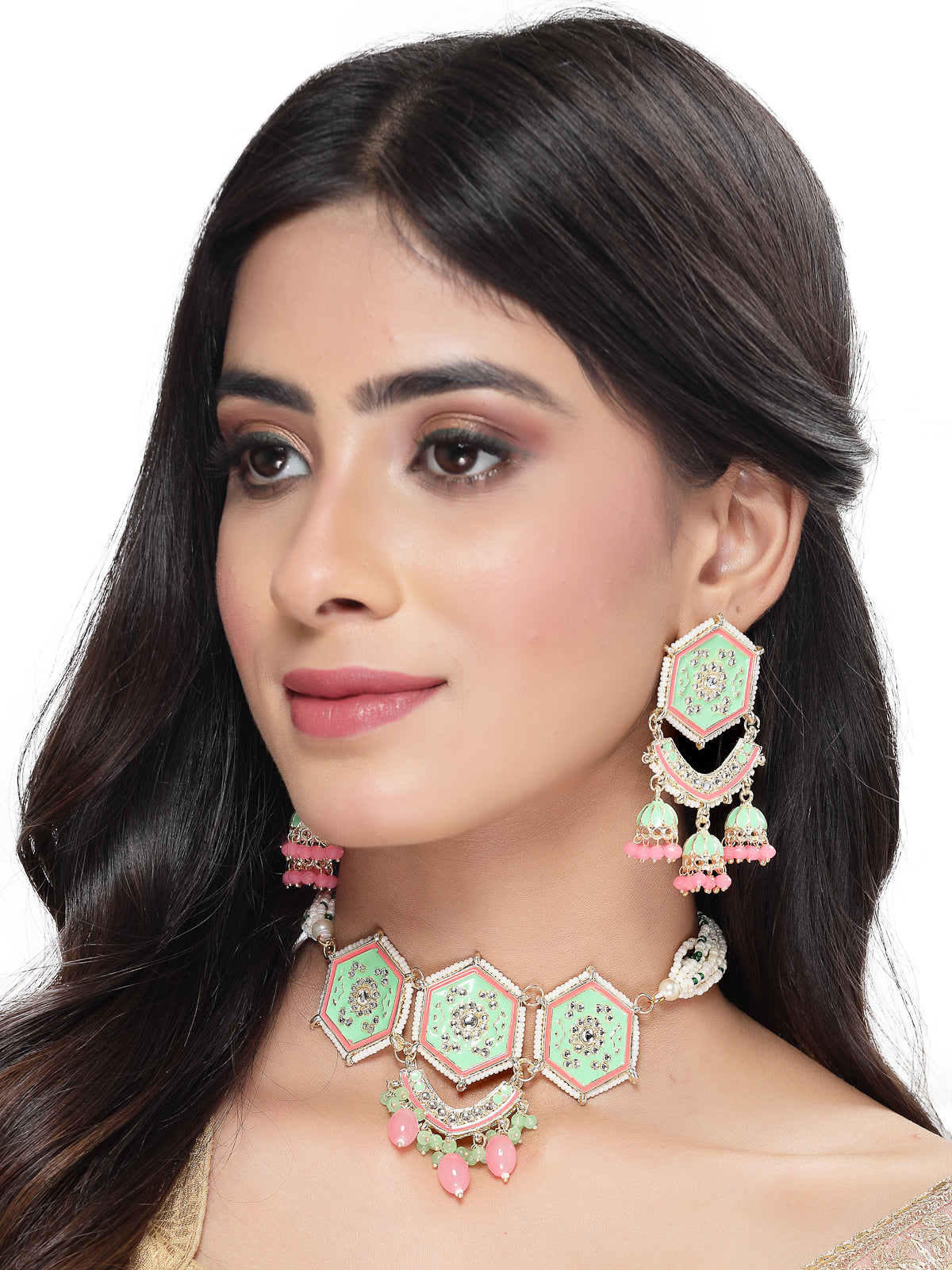 Studio Sukkhi Smashing Gold Plated Mint Green Kundan & Beads Choker Necklace Set For Women NS105821