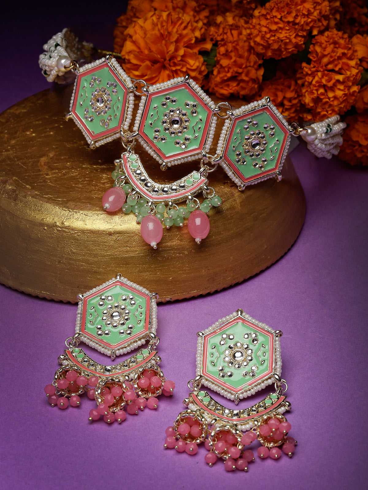 Studio Sukkhi Smashing Gold Plated Mint Green Kundan & Beads Choker Necklace Set For Women NS105821