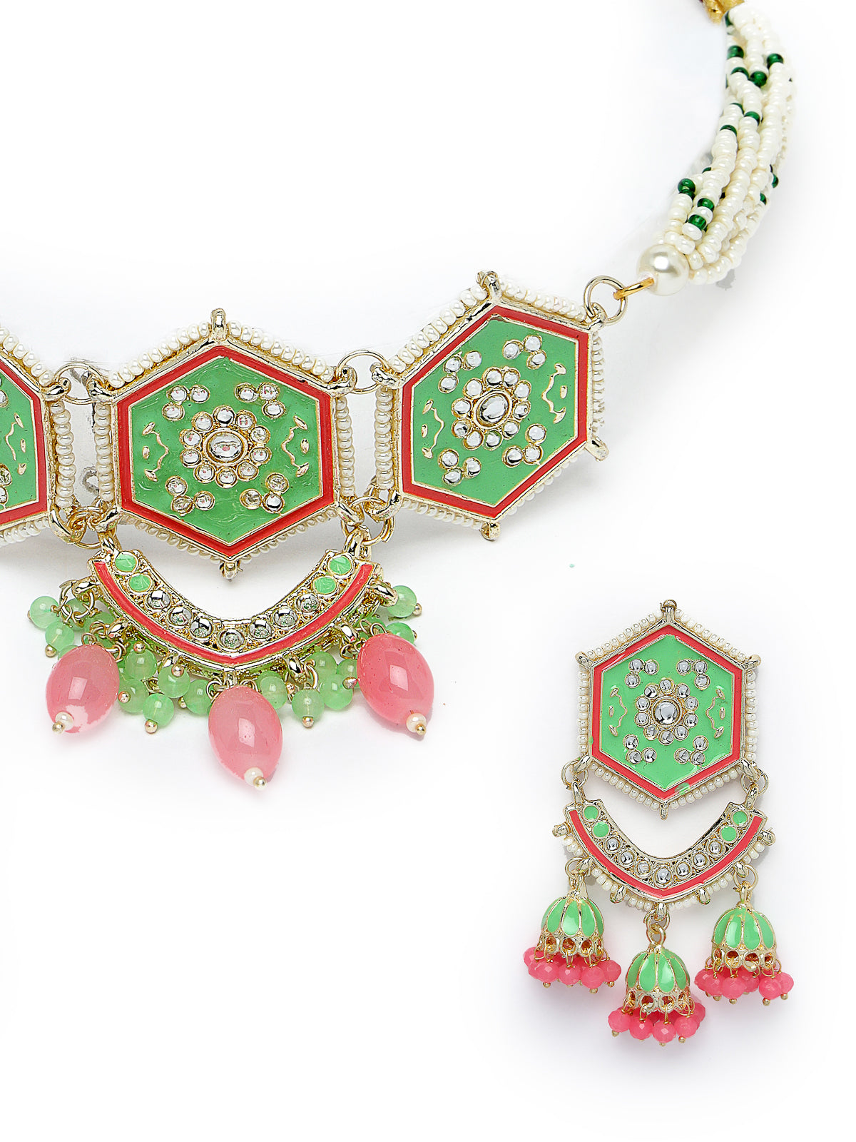 Studio Sukkhi Smashing Gold Plated Mint Green Kundan & Beads Choker Necklace Set For Women NS105821
