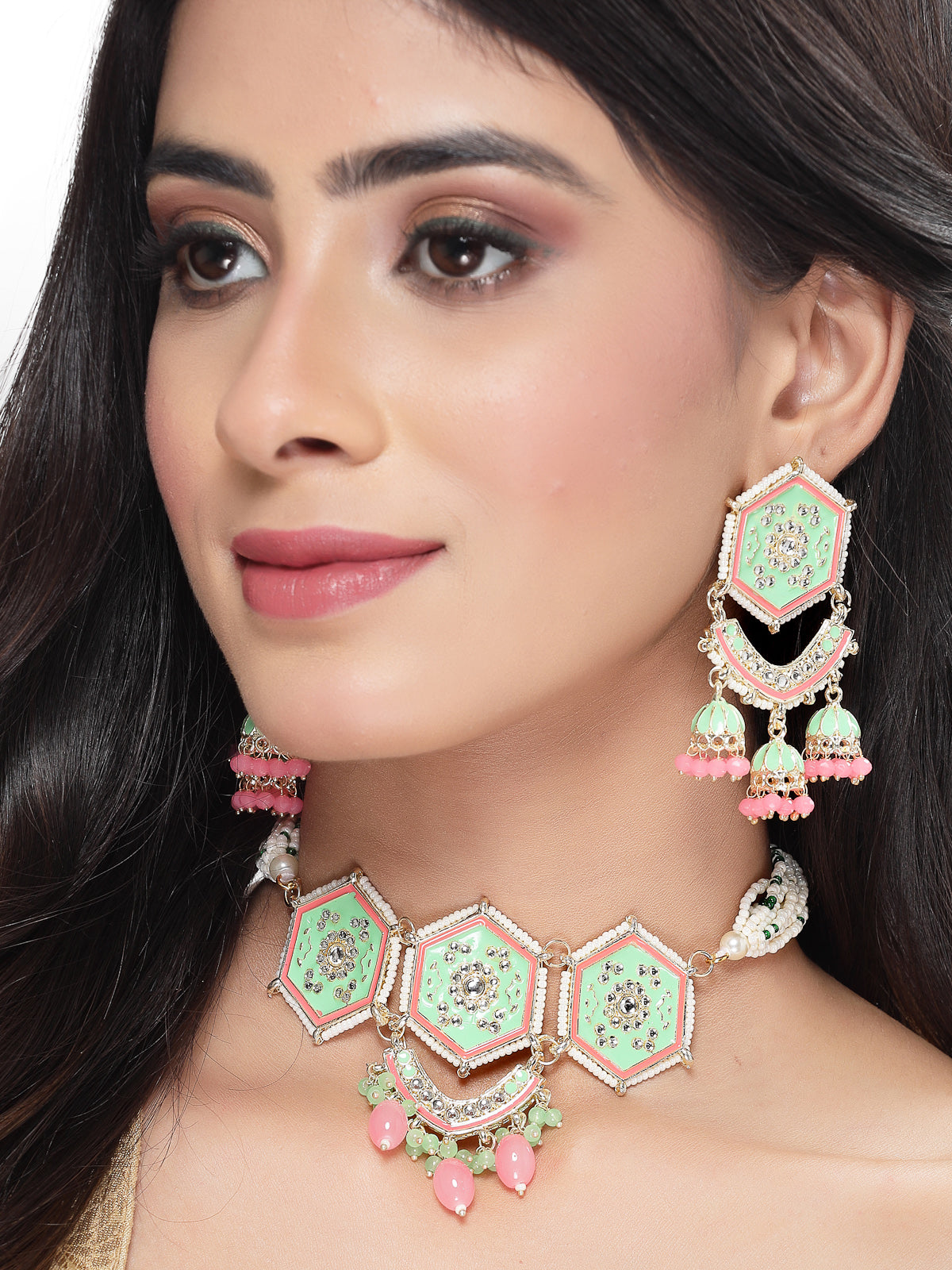 Studio Sukkhi Smashing Gold Plated Mint Green Kundan & Beads Choker Necklace Set For Women NS105821