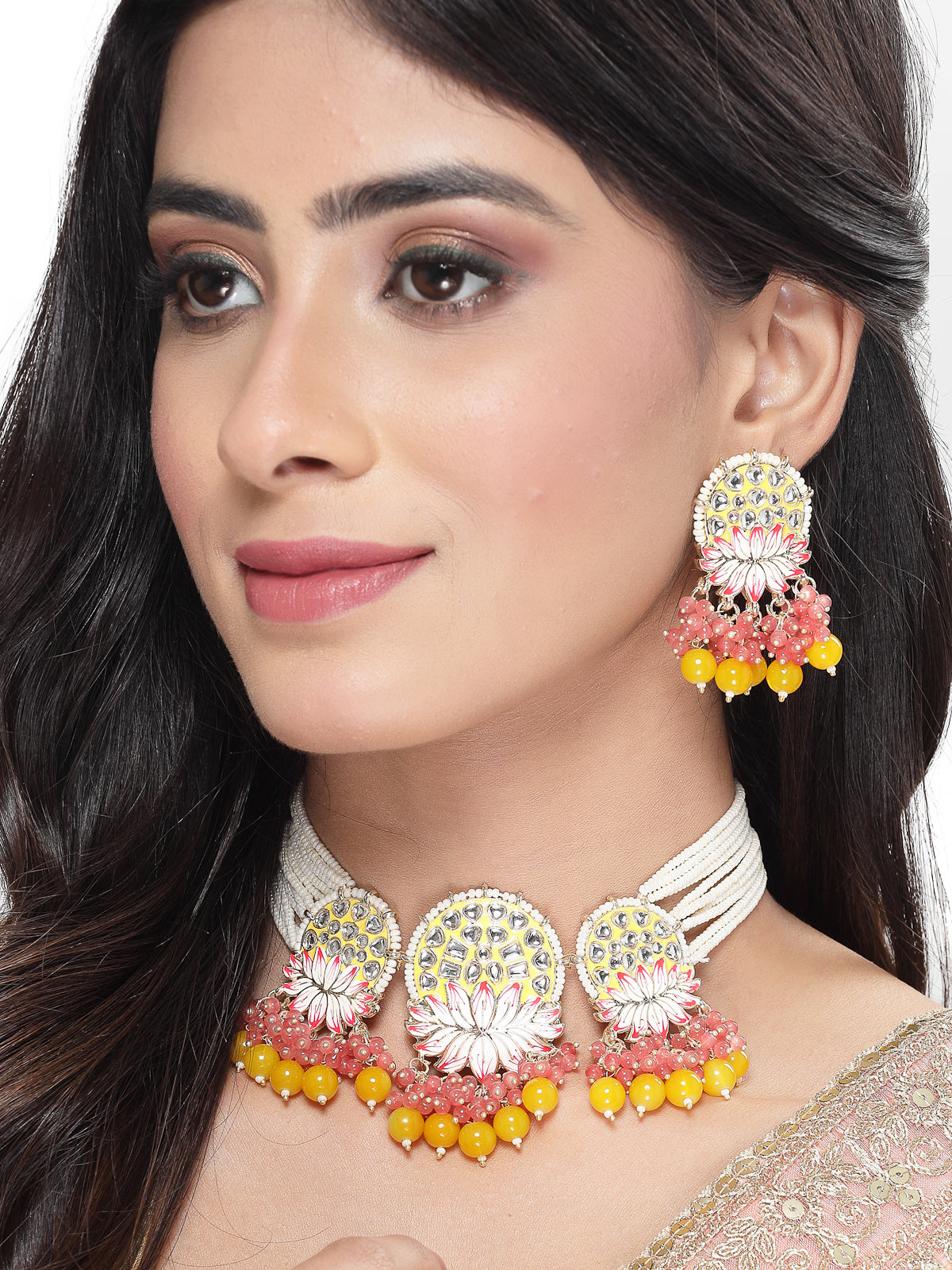 Studio Sukkhi Dazzling Gold Plated Yellow Kundan & Beads Choker Necklace Set For Women NS105822