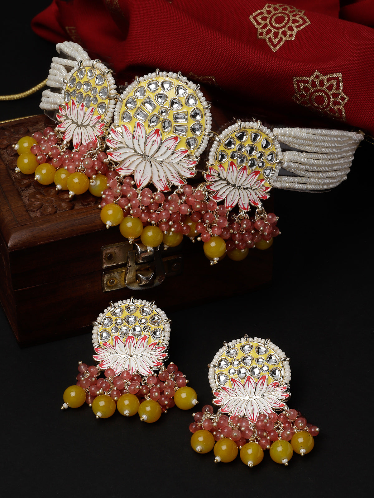 Studio Sukkhi Dazzling Gold Plated Yellow Kundan & Beads Choker Necklace Set For Women NS105822
