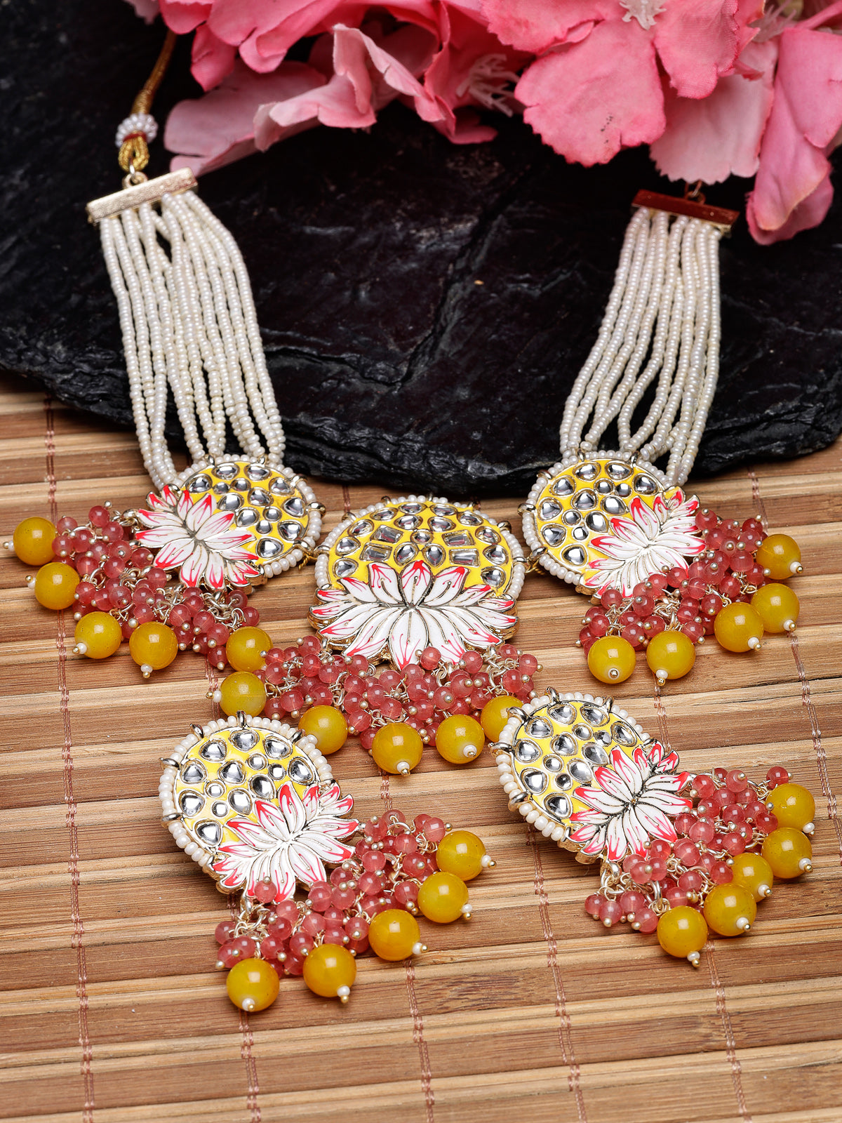 Studio Sukkhi Dazzling Gold Plated Yellow Kundan & Beads Choker Necklace Set For Women NS105822