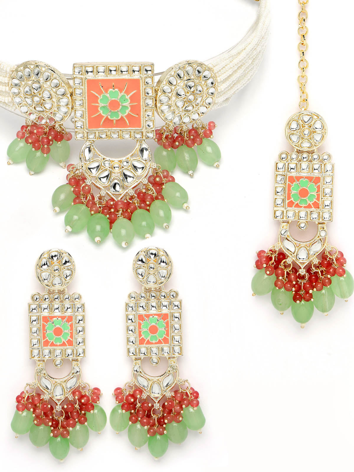 Studio Sukkhi Bewitching Gold Plated Mint Green Kundan & Beads Choker Necklace Set For Women NS105823