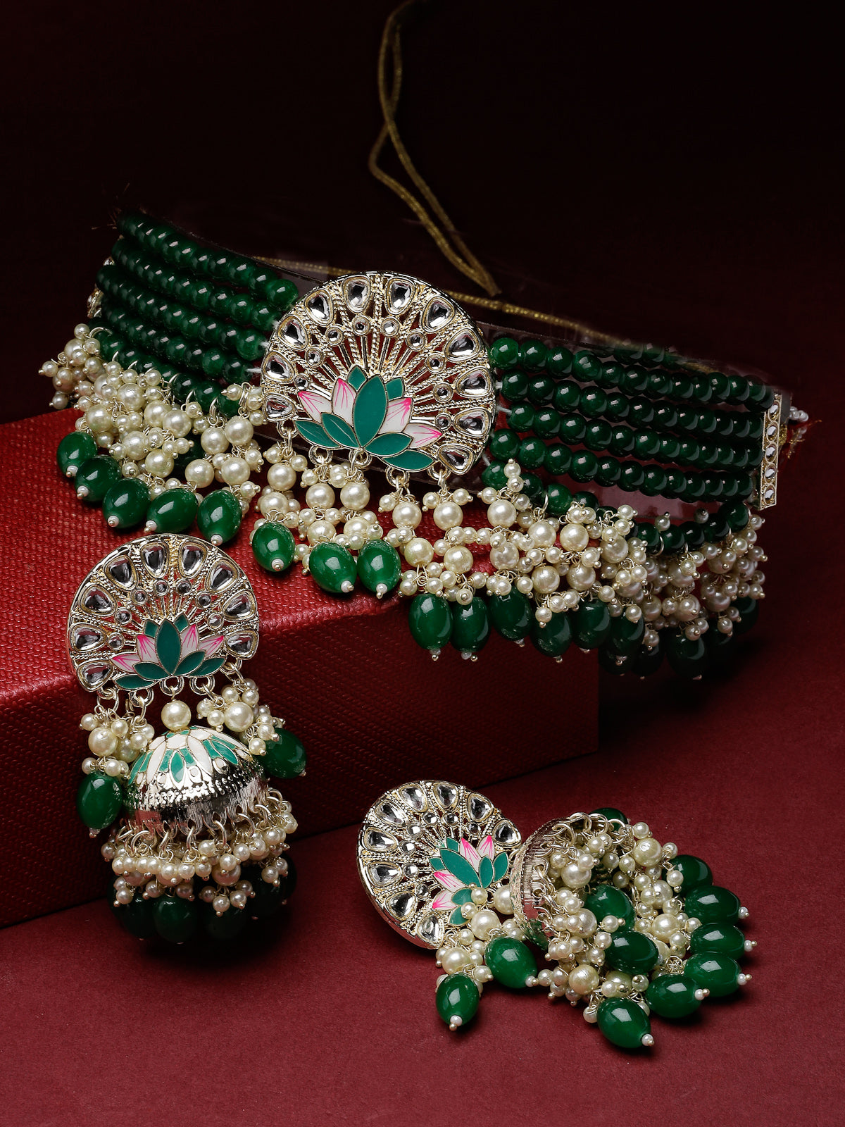 Studio Sukkhi Heavenly Gold Plated Green Kundan & Beads Choker Necklace Set For Women NS105824