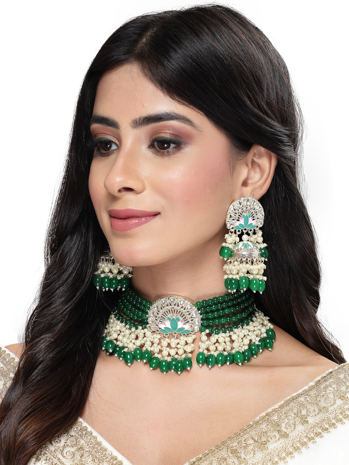 Studio Sukkhi Heavenly Gold Plated Green Kundan & Beads Choker Necklace Set For Women NS105824