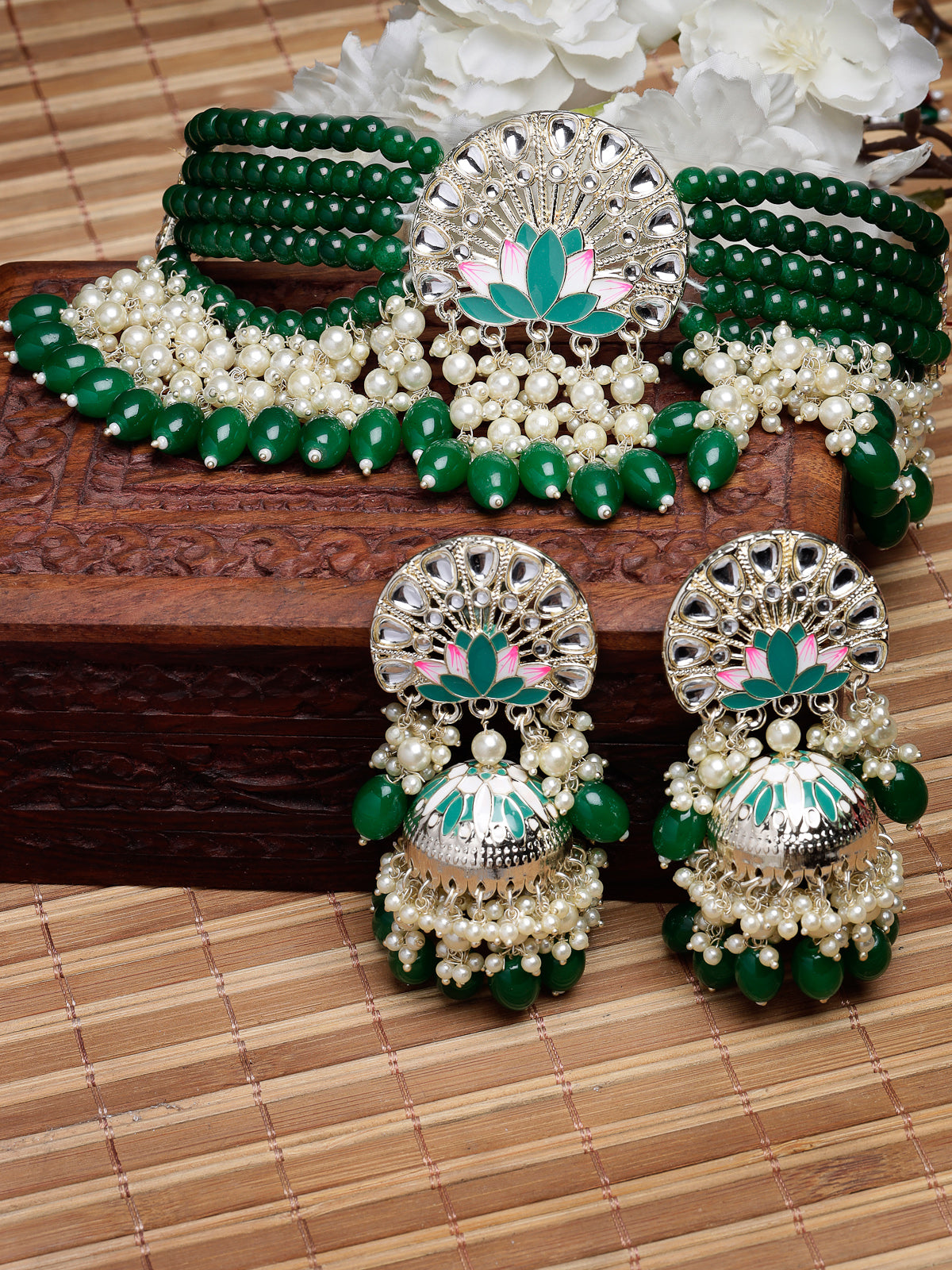 Studio Sukkhi Heavenly Gold Plated Green Kundan & Beads Choker Necklace Set For Women NS105824