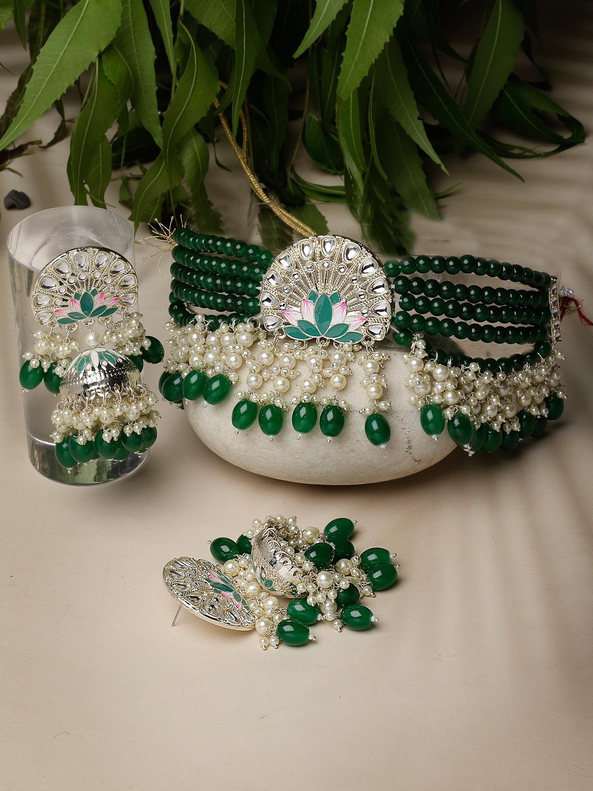 Studio Sukkhi Heavenly Gold Plated Green Kundan & Beads Choker Necklace Set For Women NS105824