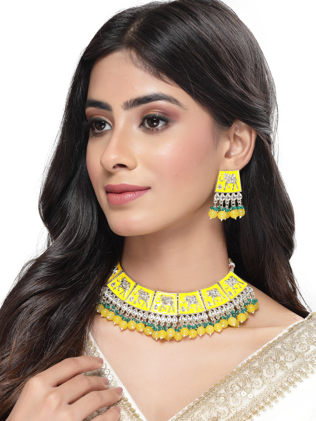 Studio Sukkhi Artistic Gold Plated Yellow Kundan & Beads Choker Necklace Set For Women NS105828