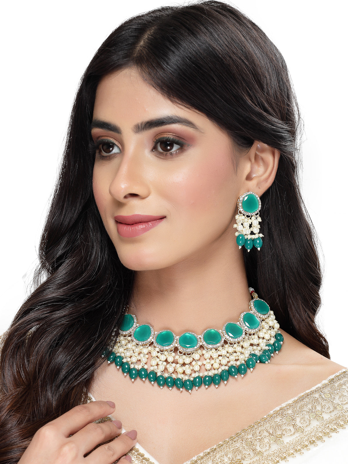 Studio Sukkhi Sparkling Gold Plated Green Kundan & Beads Choker Necklace Set For Women NS105829