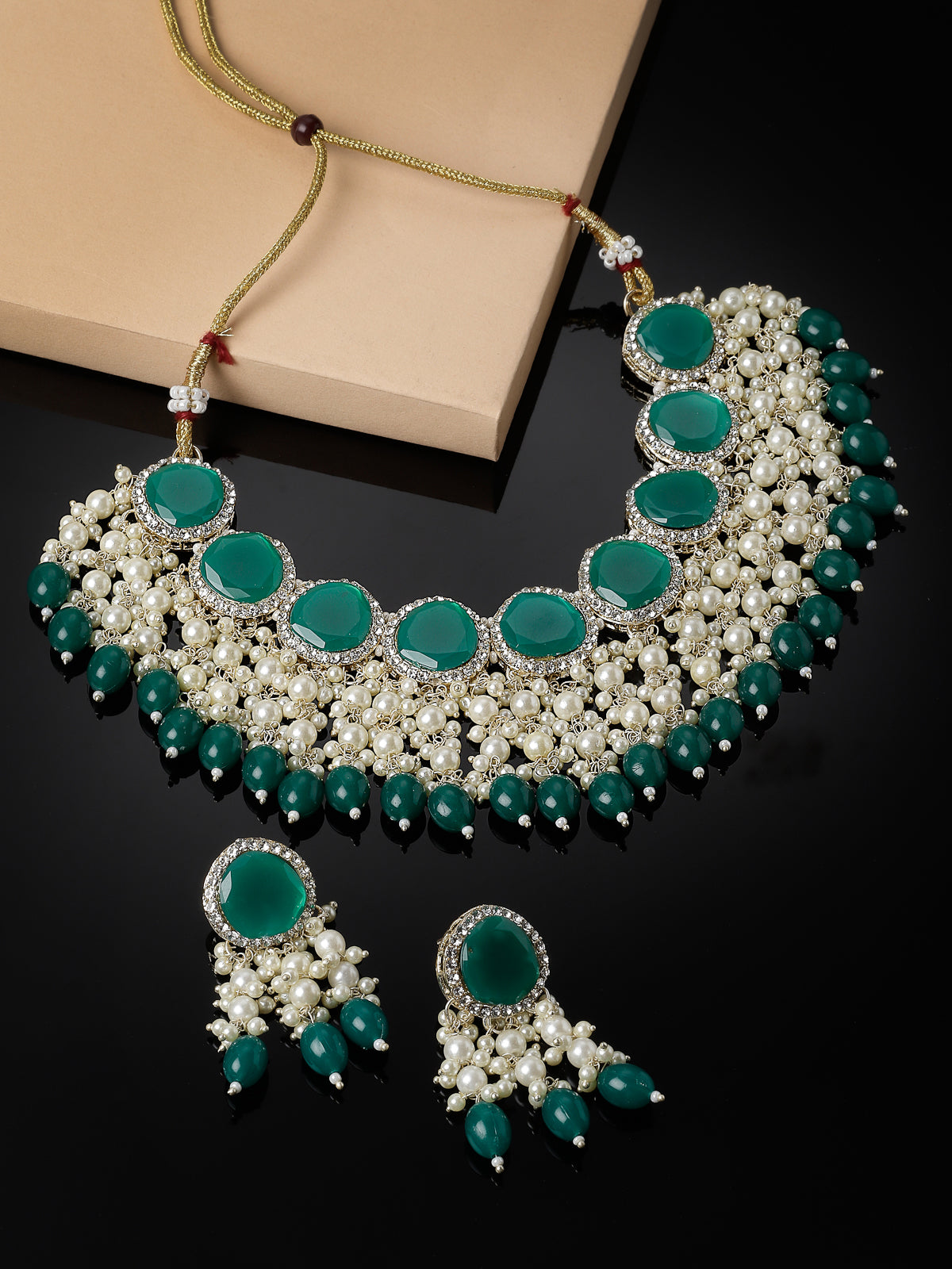 Studio Sukkhi Sparkling Gold Plated Green Kundan & Beads Choker Necklace Set For Women NS105829