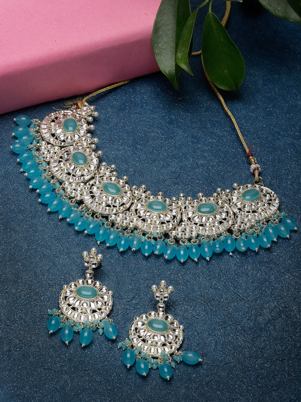 Studio Sukkhi Winsome Gold Plated Aqua Blue Kundan & Beads Choker Necklace Set For Women NS105830