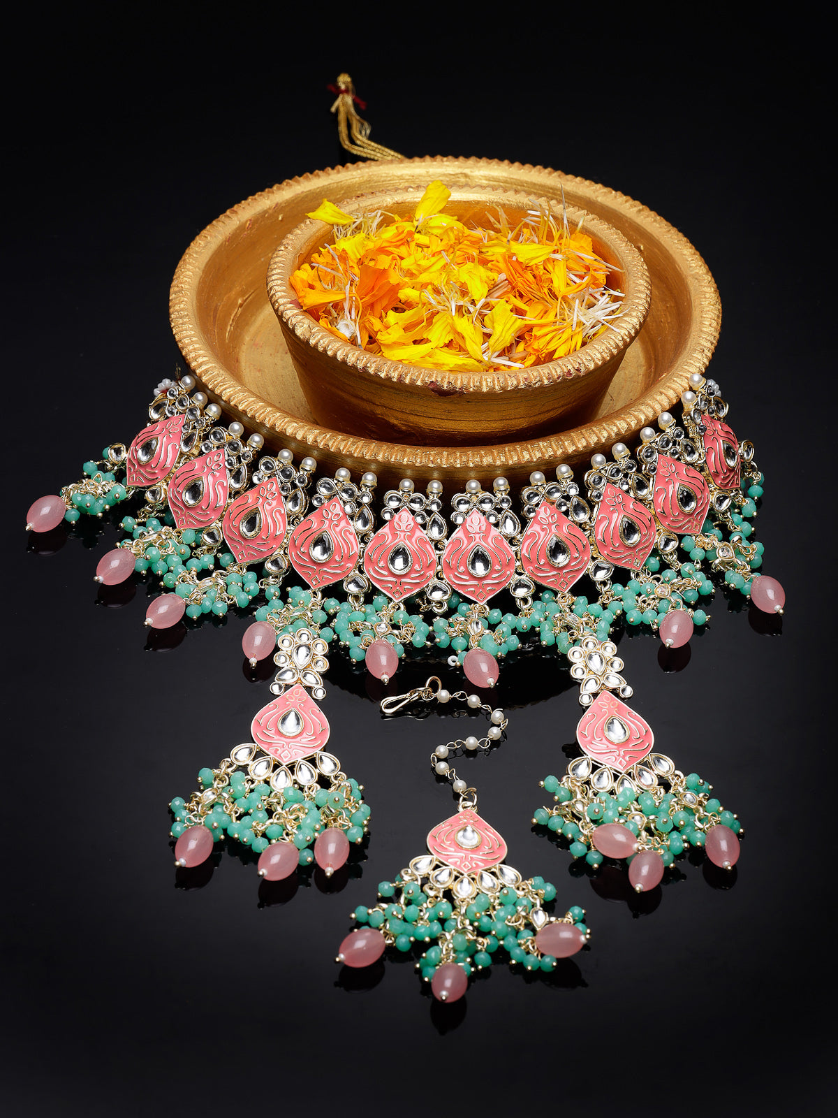 Studio Sukkhi Memorable Gold Plated Pink & Mint Green Kundan & Beads Choker Necklace Set For Women NS105831