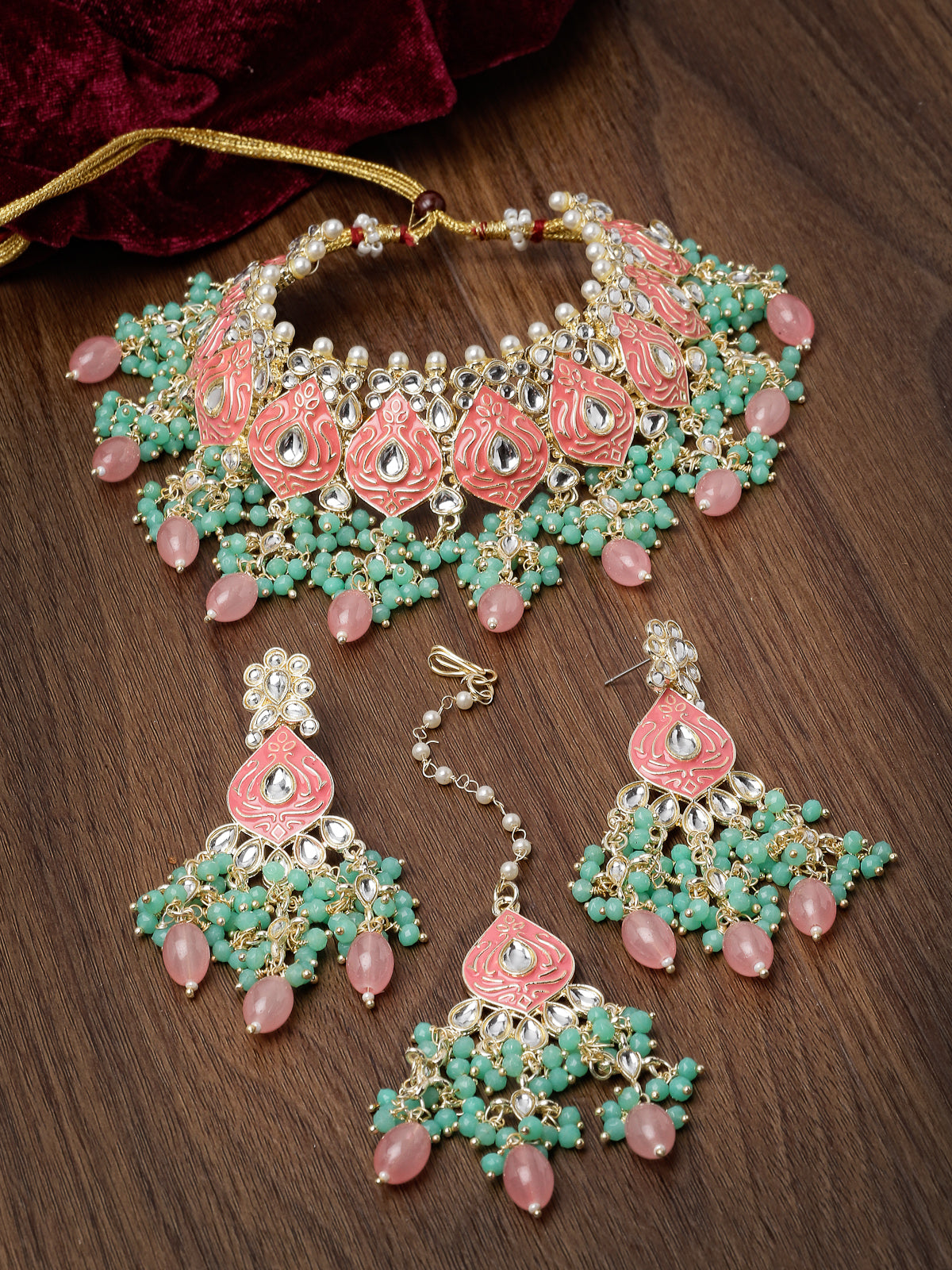 Studio Sukkhi Memorable Gold Plated Pink & Mint Green Kundan & Beads Choker Necklace Set For Women NS105831