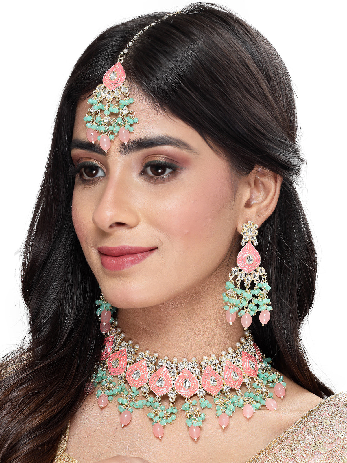 Studio Sukkhi Memorable Gold Plated Pink & Mint Green Kundan & Beads Choker Necklace Set For Women NS105831