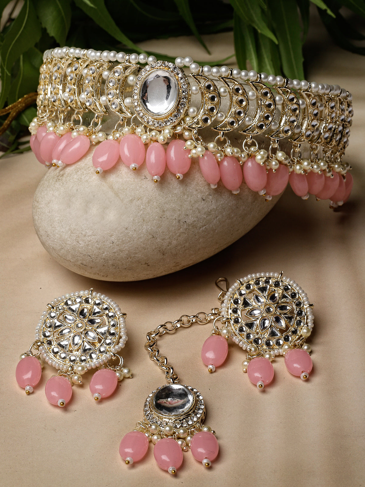 Studio Sukkhi Distinguished Gold Plated Pink Kundan & Beads Choker Necklace Set For Women NS105833
