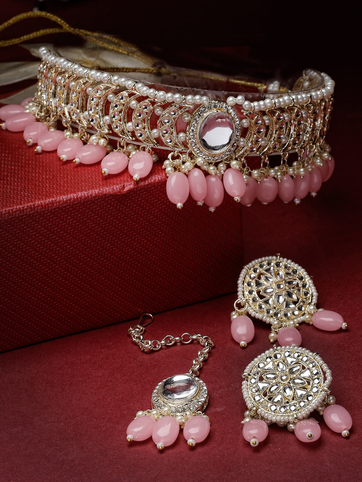 Studio Sukkhi Distinguished Gold Plated Pink Kundan & Beads Choker Necklace Set For Women NS105833