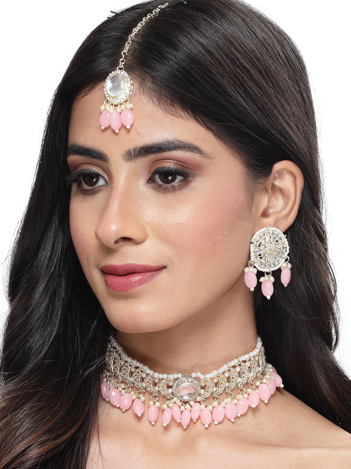 Studio Sukkhi Distinguished Gold Plated Pink Kundan & Beads Choker Necklace Set For Women NS105833