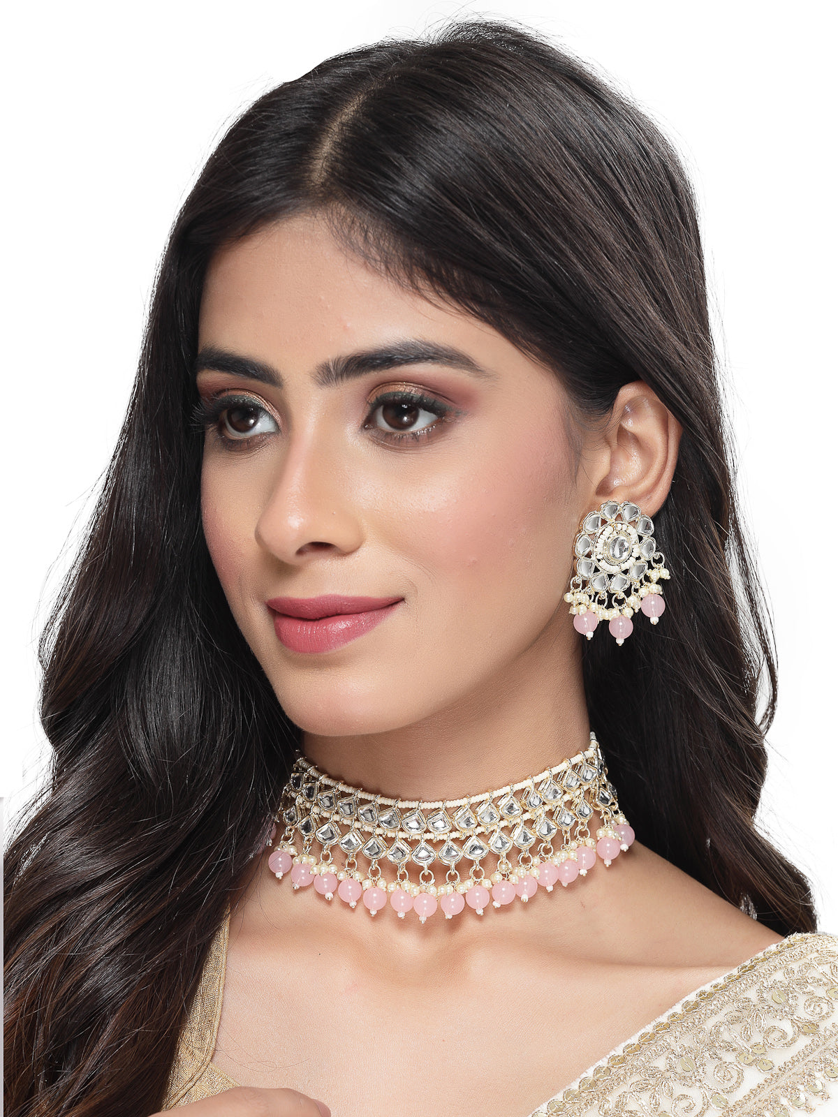 Studio Sukkhi Appealing Gold Plated Pink Kundan & Beads Choker Necklace Set For Women NS105834