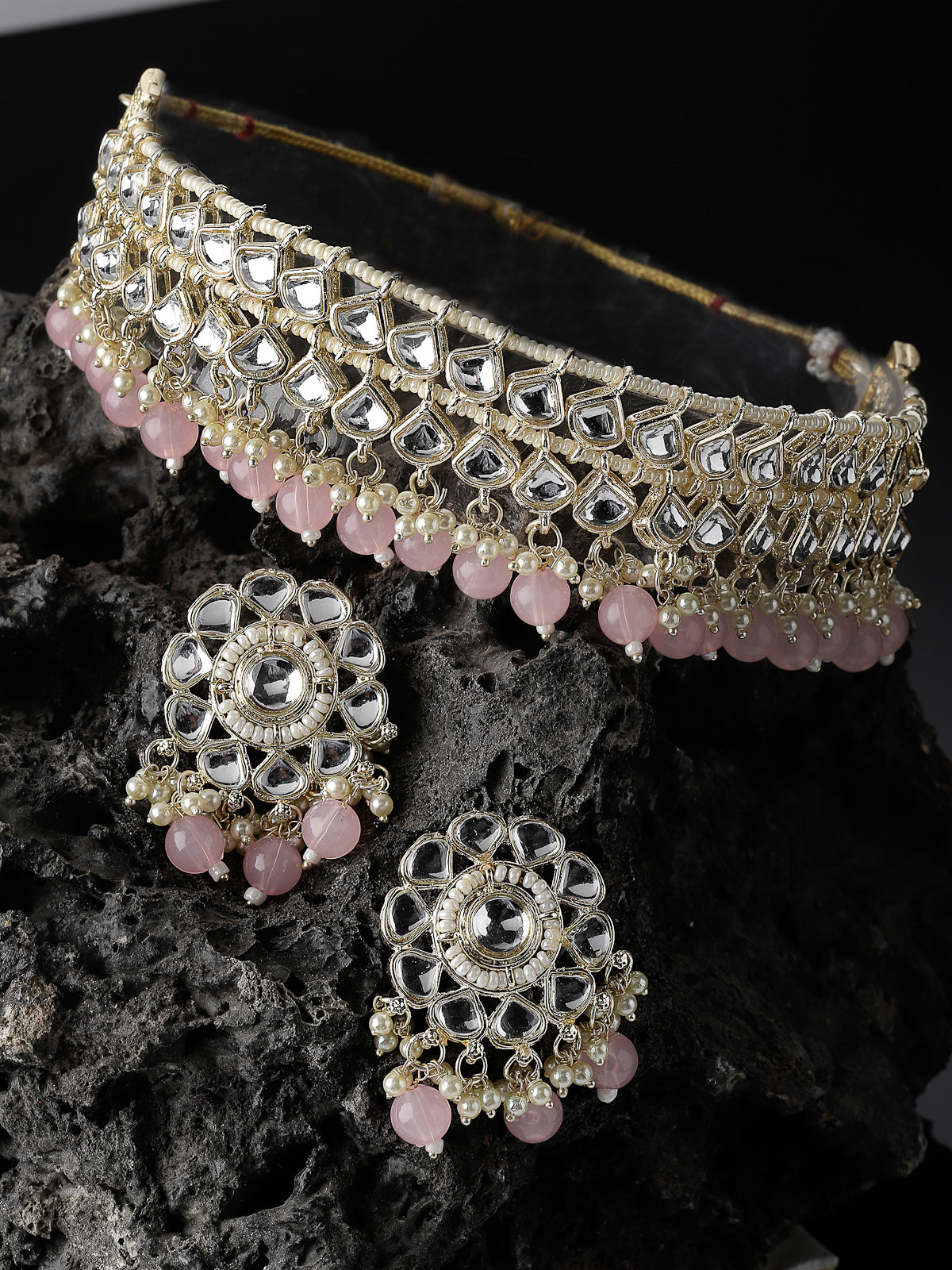 Studio Sukkhi Appealing Gold Plated Pink Kundan & Beads Choker Necklace Set For Women NS105834