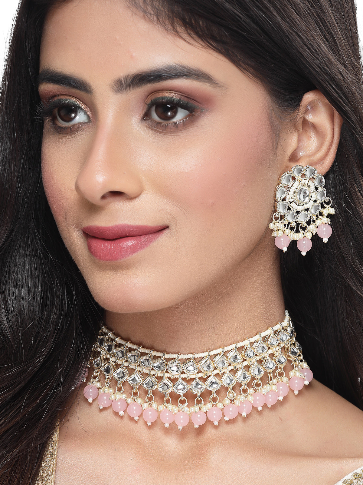 Studio Sukkhi Appealing Gold Plated Pink Kundan & Beads Choker Necklace Set For Women NS105834