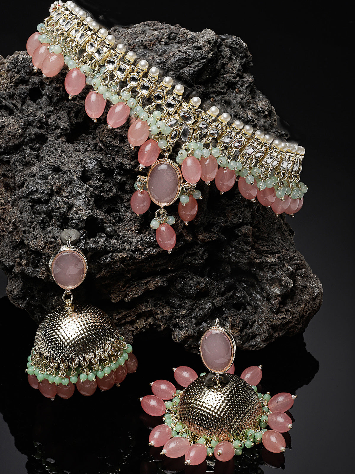 Studio Sukkhi Graceful Gold Plated Pink Kundan & Beads Choker Necklace Set For Women NS105835