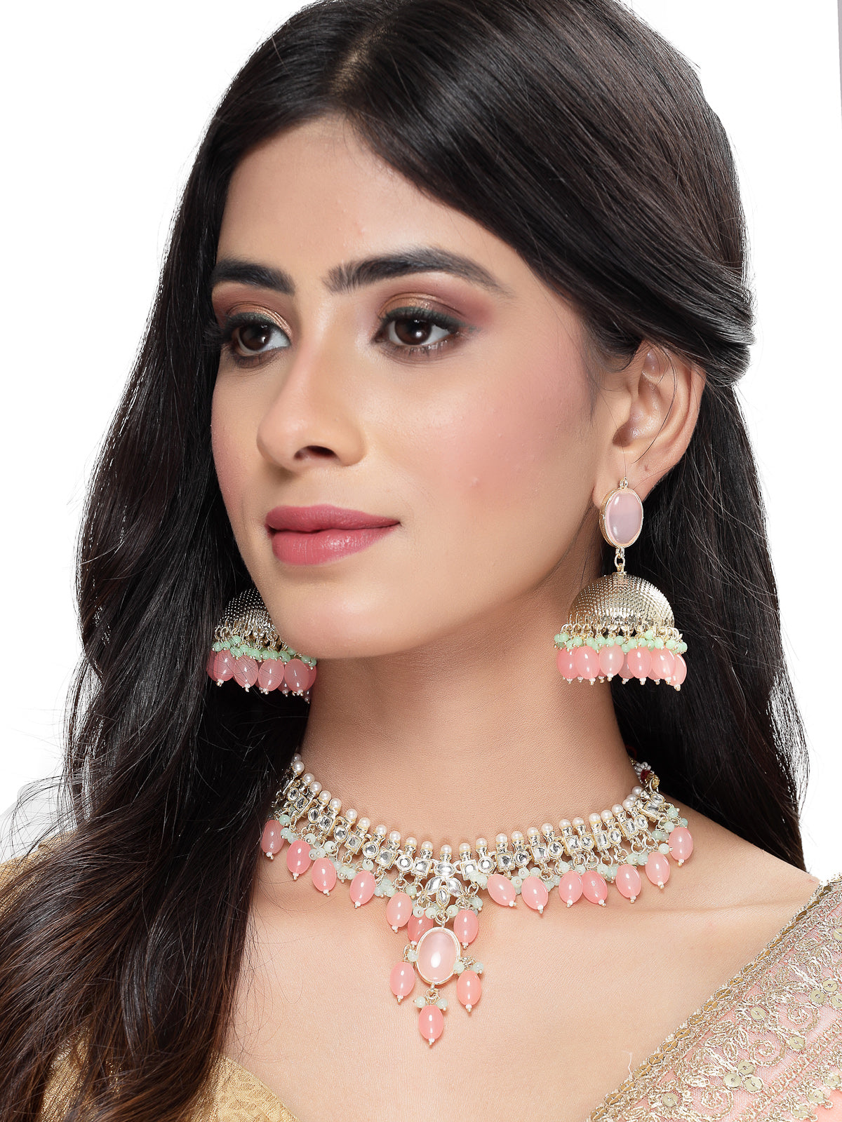 Studio Sukkhi Graceful Gold Plated Pink Kundan & Beads Choker Necklace Set For Women NS105835
