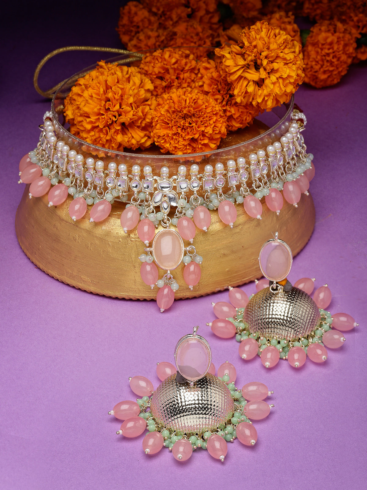 Studio Sukkhi Graceful Gold Plated Pink Kundan & Beads Choker Necklace Set For Women NS105835