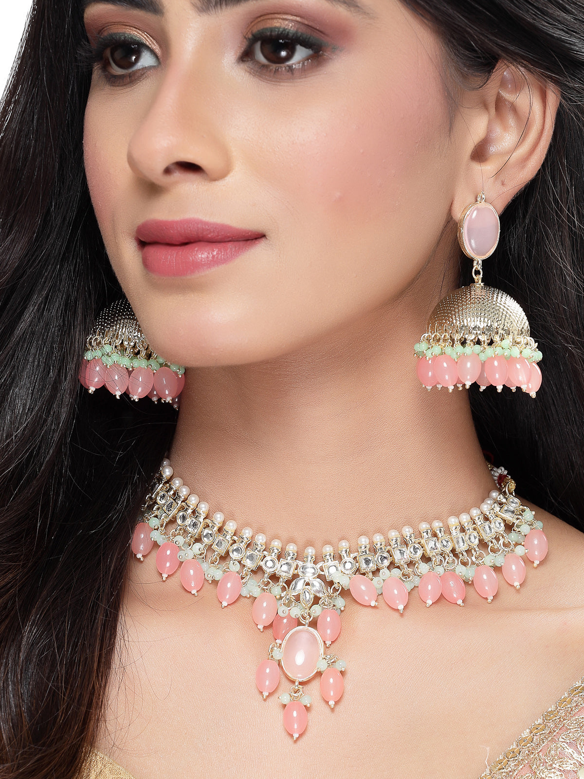 Studio Sukkhi Graceful Gold Plated Pink Kundan & Beads Choker Necklace Set For Women NS105835