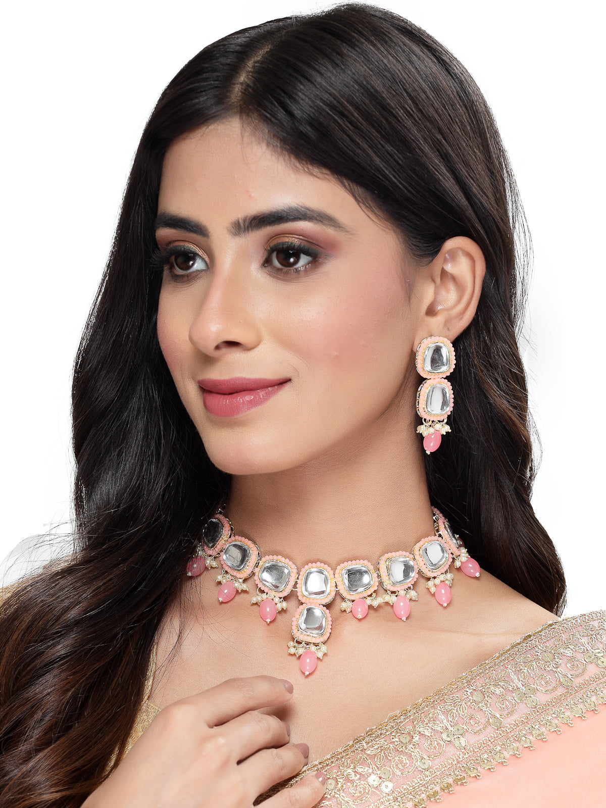 Studio Sukkhi Irresistible Gold Plated Pink Kundan & Beads Choker Necklace Set For Women NS105837