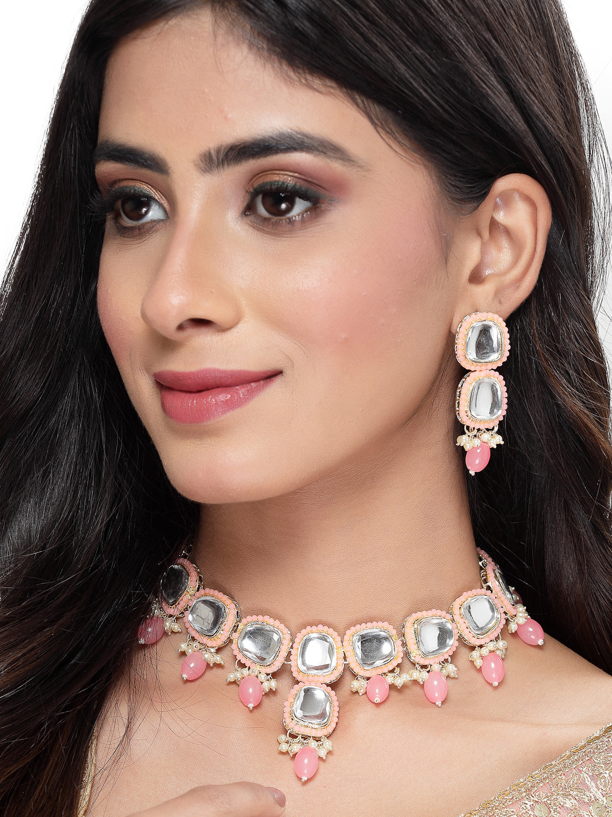 Studio Sukkhi Irresistible Gold Plated Pink Kundan & Beads Choker Necklace Set For Women NS105837