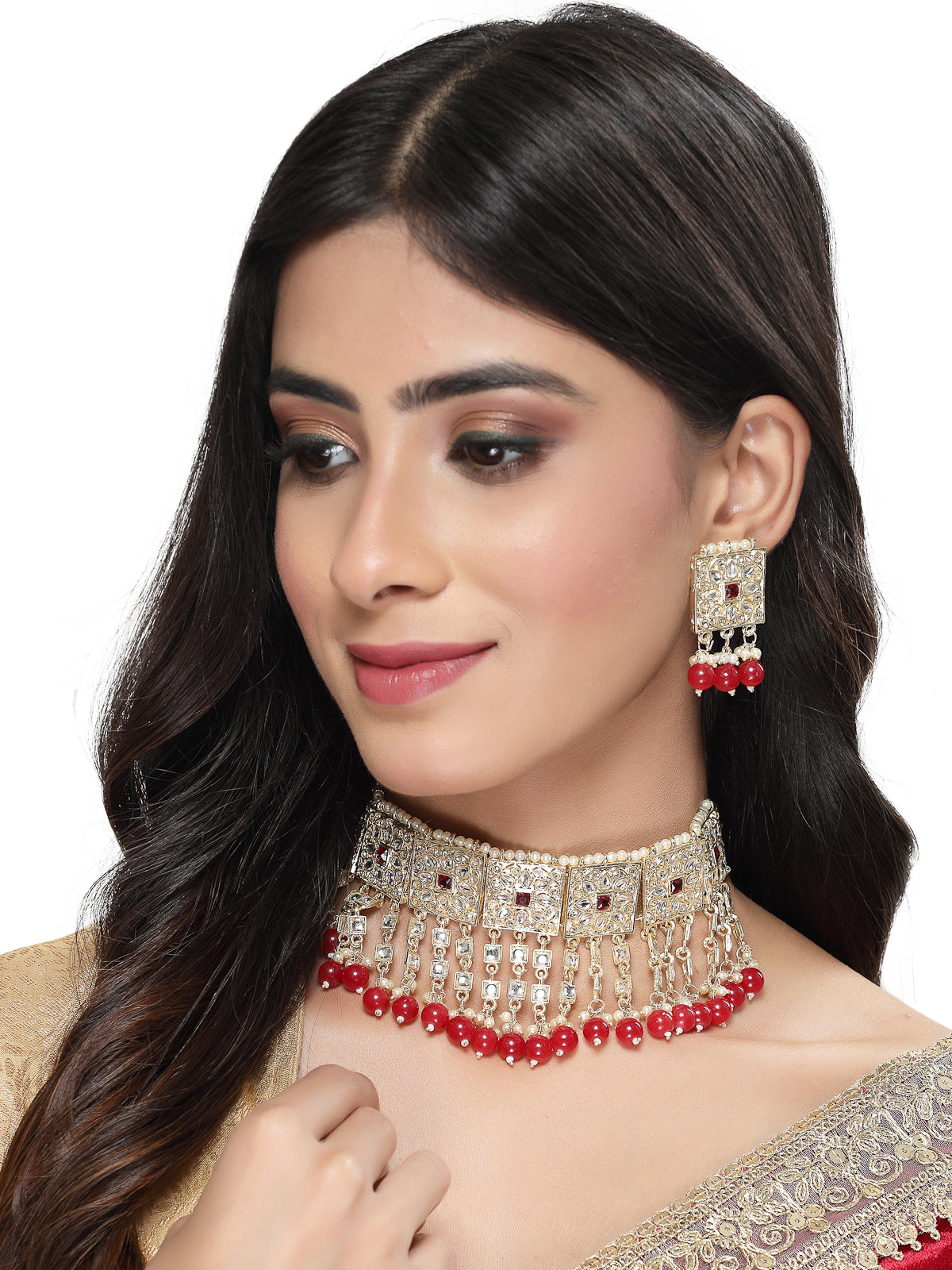 Studio Sukkhi Gold Plated Traditional Kundan & Beads Studded Bridal Choker Necklace With Earrings Jewellery Set For Women NS105838