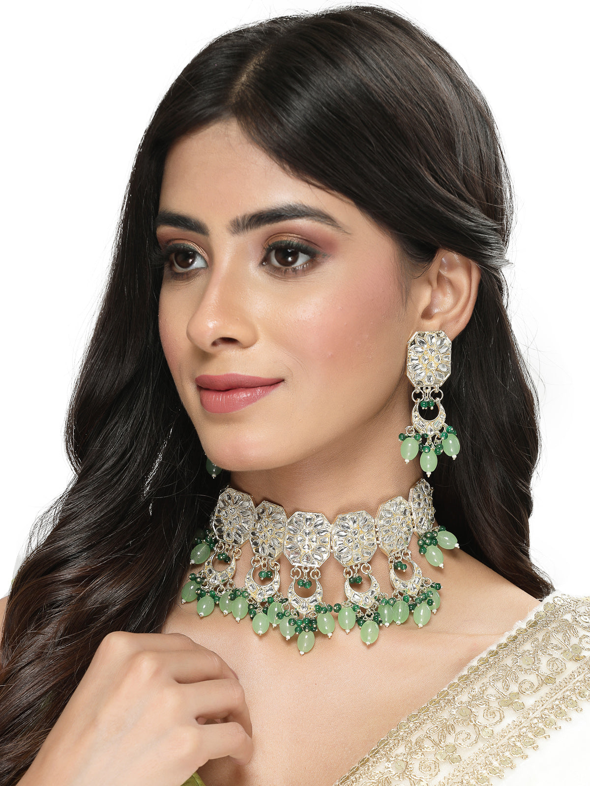 Studio Sukkhi Seaside Gold Plated Mint Green Kundan & Beads Choker Necklace Set For Women NS105839