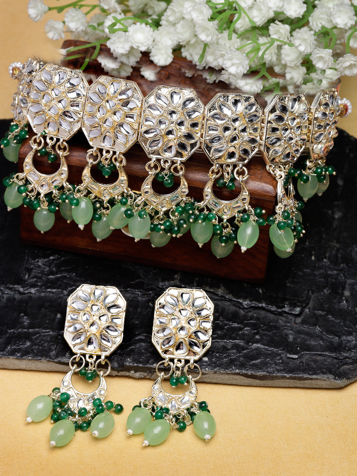 Studio Sukkhi Seaside Gold Plated Mint Green Kundan & Beads Choker Necklace Set For Women NS105839