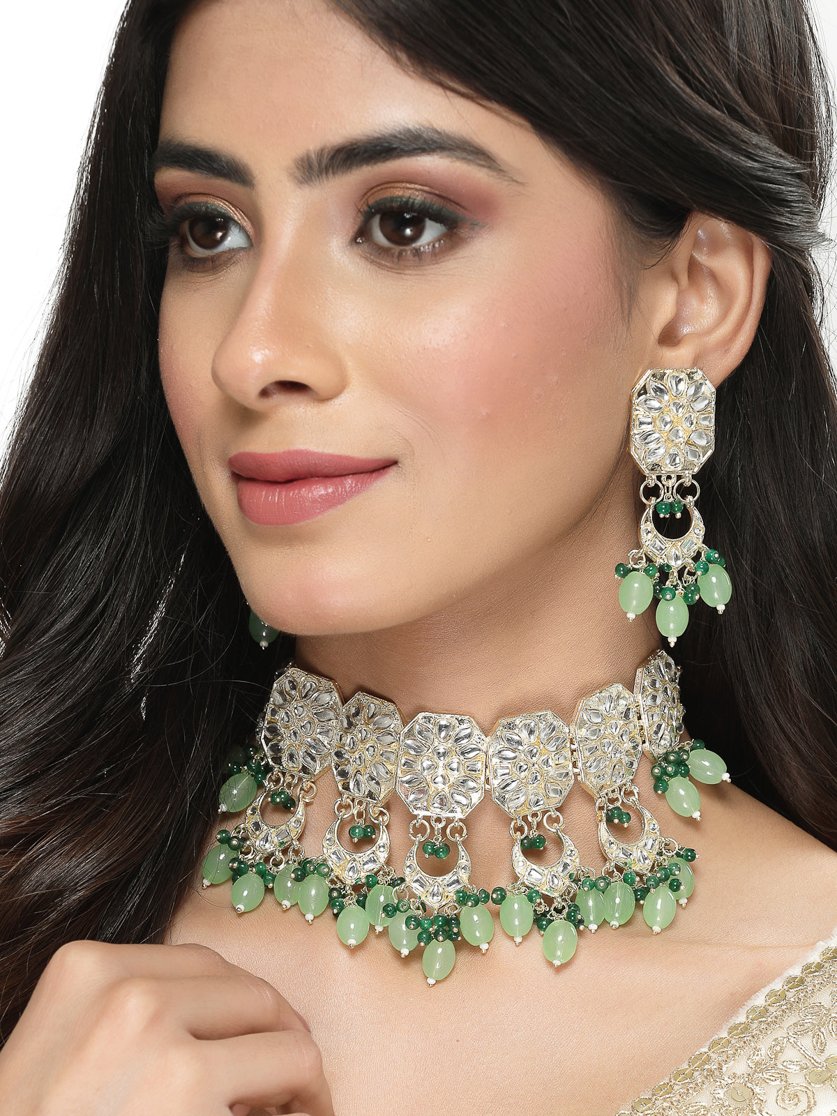 Studio Sukkhi Seaside Gold Plated Mint Green Kundan & Beads Choker Necklace Set For Women NS105839